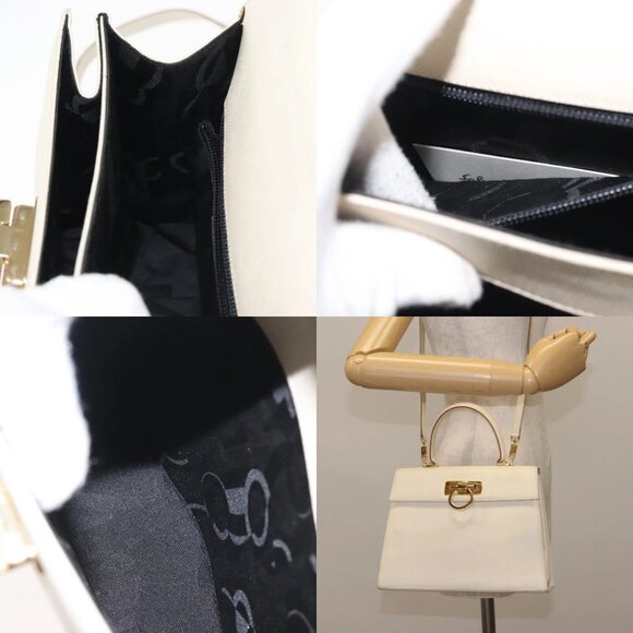 Salvatore Ferragamo Gancini Hand Bag Leather 2way White Gold Auth BA6323 - Picture 15 of 15